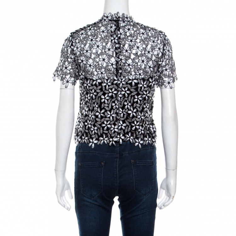 مملوكة مسبقًا Self Portrait Monochrome Floral Embroidered Lace Cropped Top S