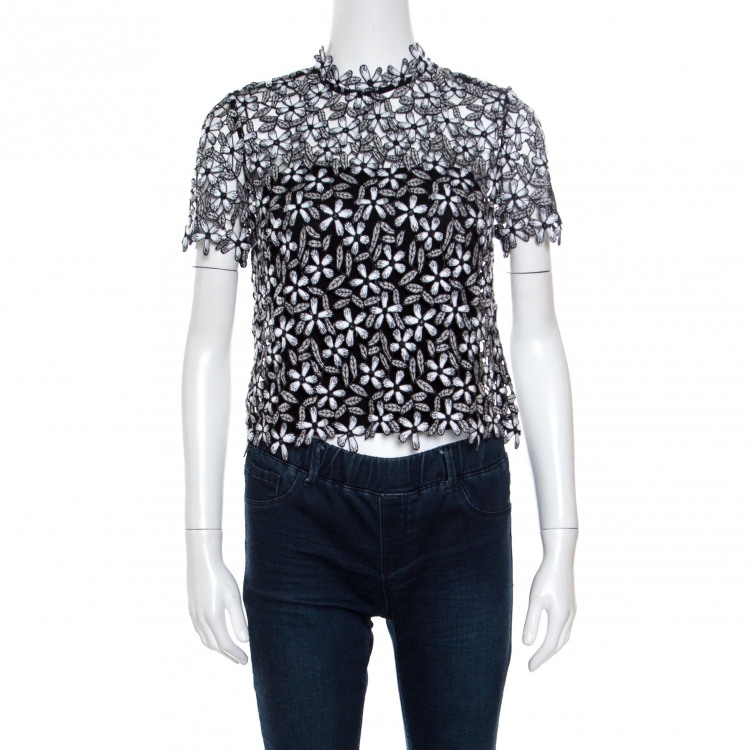 مملوكة مسبقًا Self Portrait Monochrome Floral Embroidered Lace Cropped Top S