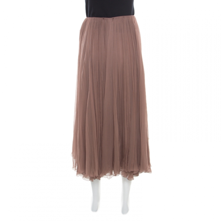 Pre Owned Chloe Hazelnut Brown Gathered Silk Chiffon Midi Skirt S