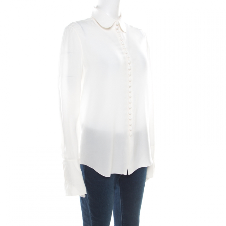 Pre Owned Chloe Milk White Crepe De Chine Button Front Long Sleeve Blouse M