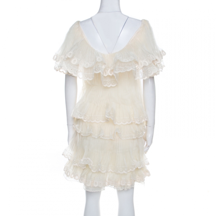 Pre Owned Chloe Pristine Cream Eyelet Embroidered Plisse Silk Ruffle Tiered Dress S