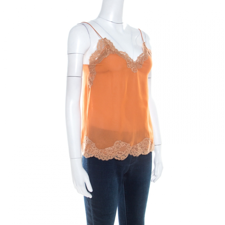 Pre Owned Chloe Orange Chiffon Lace Trimmed Camisole Top S