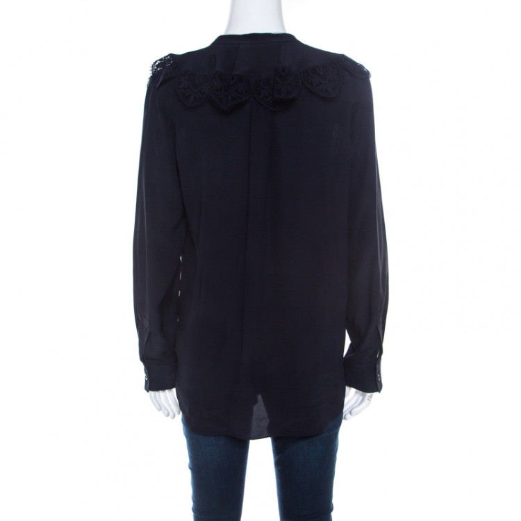 Pre Owned Chloe Navy Blue Silk and Lace Button Front Blouse S