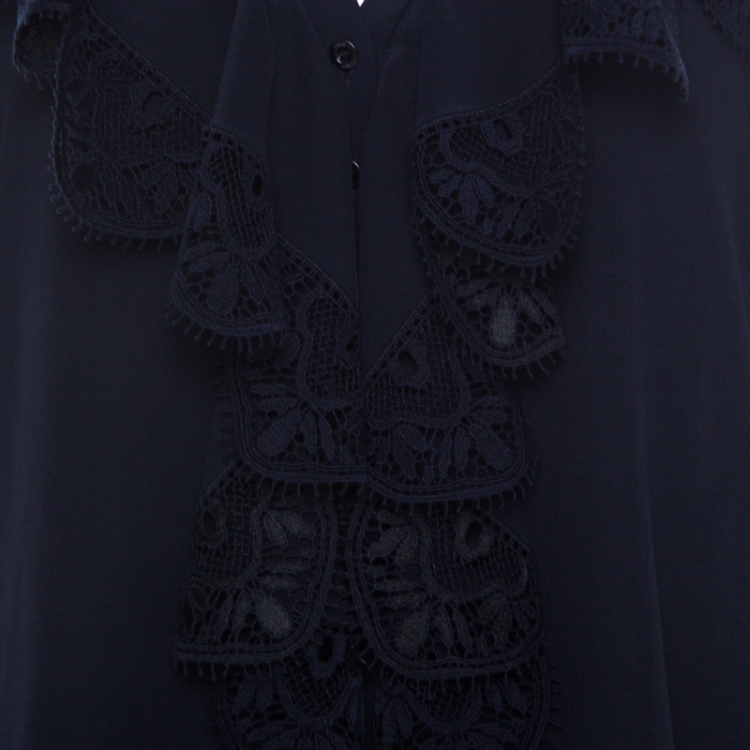 Pre Owned Chloe Navy Blue Silk and Lace Button Front Blouse S