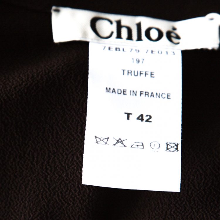 Pre Owned Chloe Truffle Brown Silk Blend Puff Sleeve Front Button Top L 