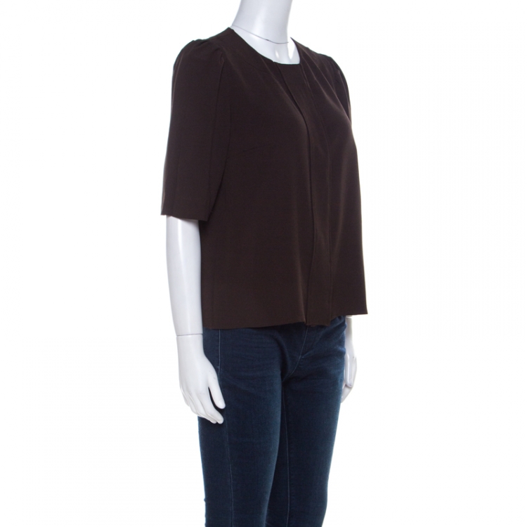 Pre Owned Chloe Truffle Brown Silk Blend Puff Sleeve Front Button Top L 