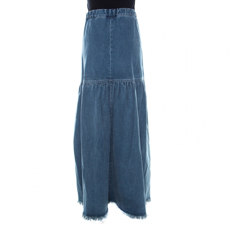 Pre Owned Chloe Indigo Light Wash Denim Embossed Detail Frayed Maxi Skirt L