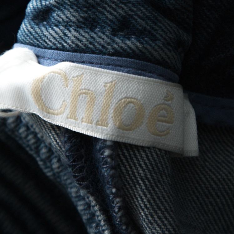 Pre Owned Chloe Indigo Light Wash Denim Embossed Detail Frayed Maxi Skirt L