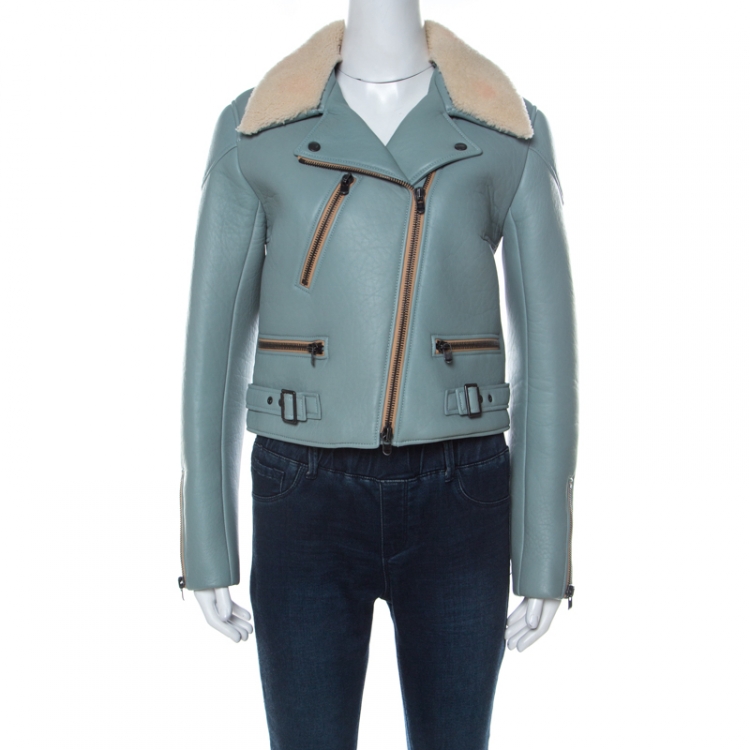 Chloe Blue Leather and Shearling Biker Jacket M Chloe | The Luxury Closet