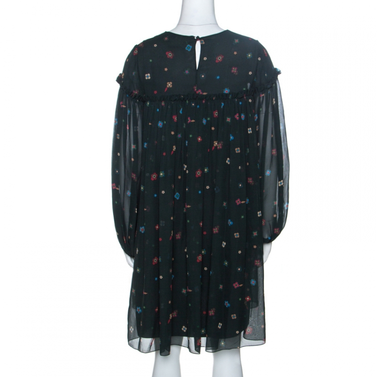 Pre Owned Chloe Dark Green Floral Printed Silk Tunic Dress S