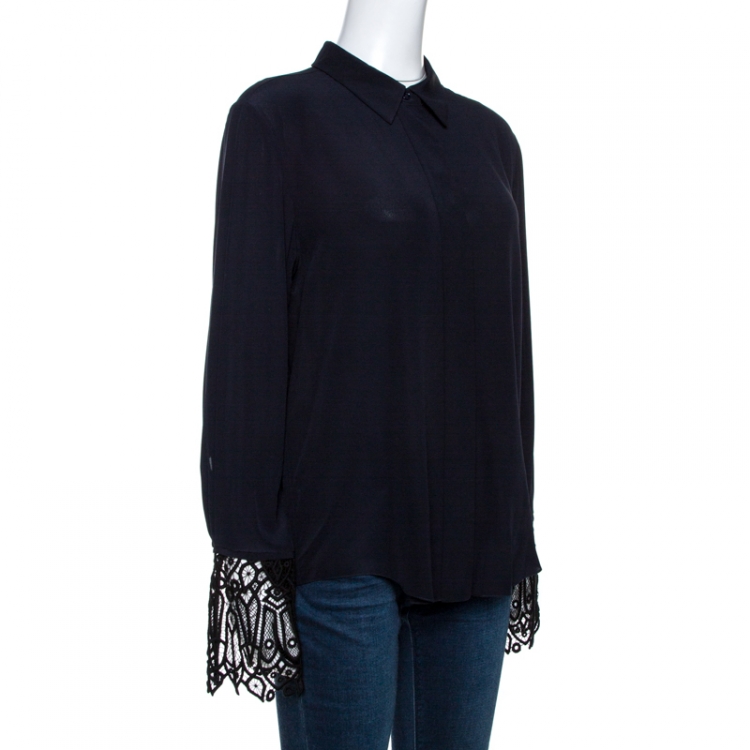 مملوكة مسبقًا Chloe Navy Blue Silk Lace Trim Cuff Detail Long Sleeve Shirt M
