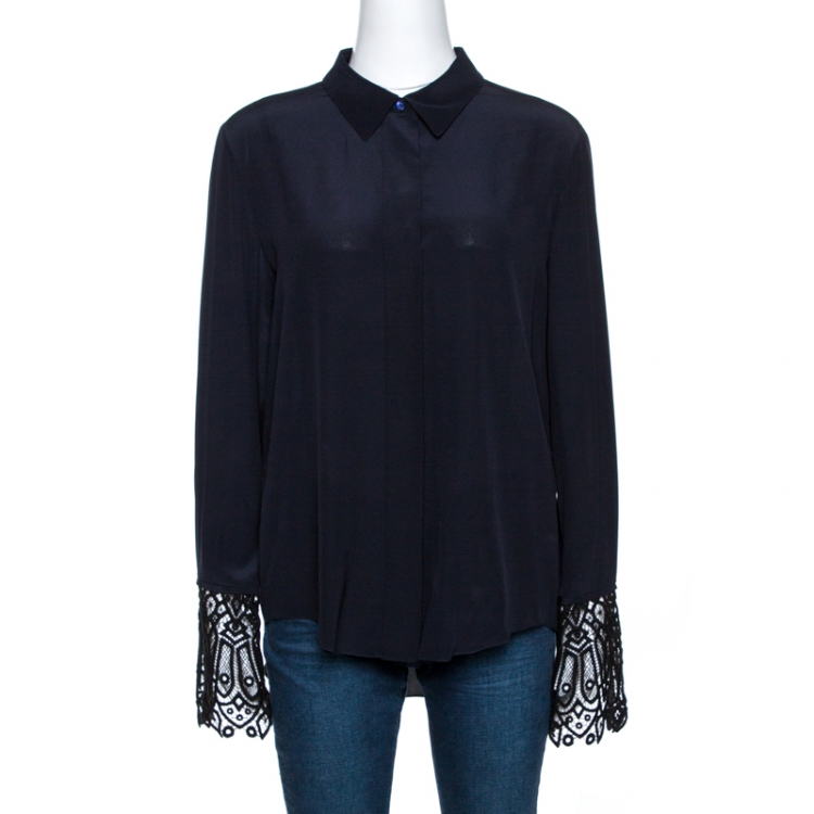 مملوكة مسبقًا Chloe Navy Blue Silk Lace Trim Cuff Detail Long Sleeve Shirt M