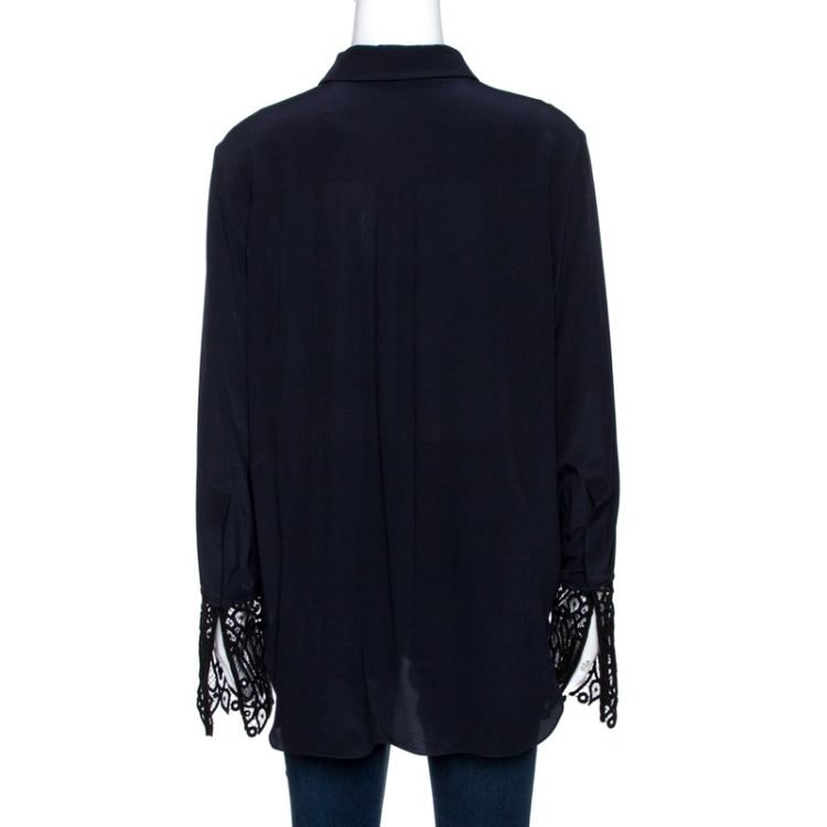 مملوكة مسبقًا Chloe Navy Blue Silk Lace Trim Cuff Detail Long Sleeve Shirt M