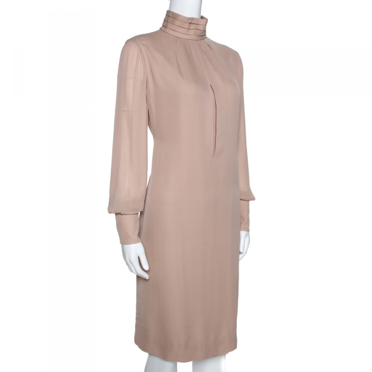 Pre Owned Chloe Beige Silk Crepe High Neck Pleat Detail Dress S 