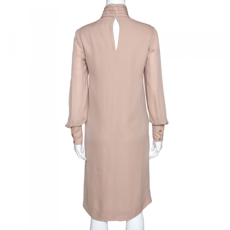Pre Owned Chloe Beige Silk Crepe High Neck Pleat Detail Dress S 