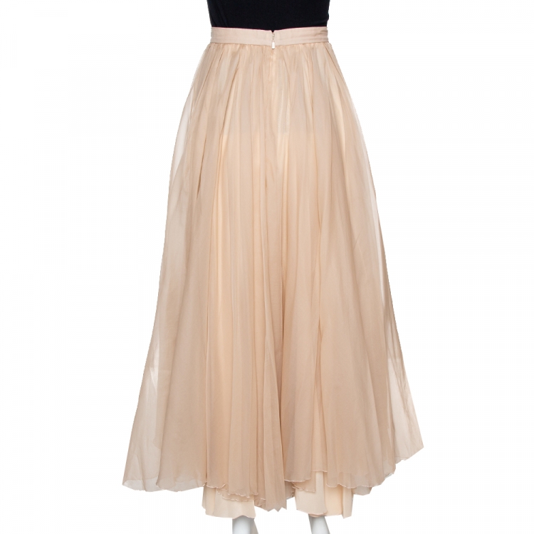 Pre Owned Chloe Light Beige Silk Organza Pleated Flared Skirt M