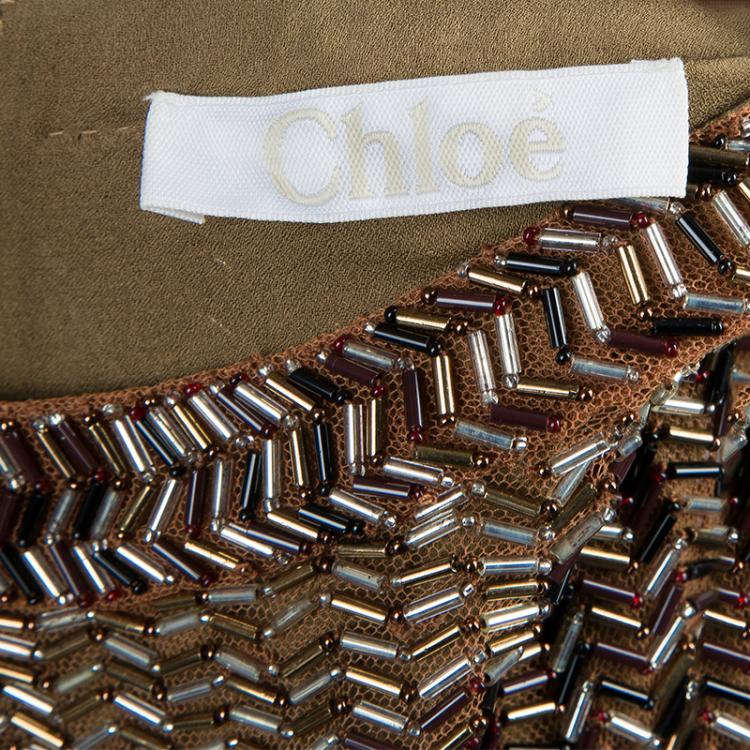 Pre Owned Chloe Gold All Over Beaded Long Sleeve Blouse L