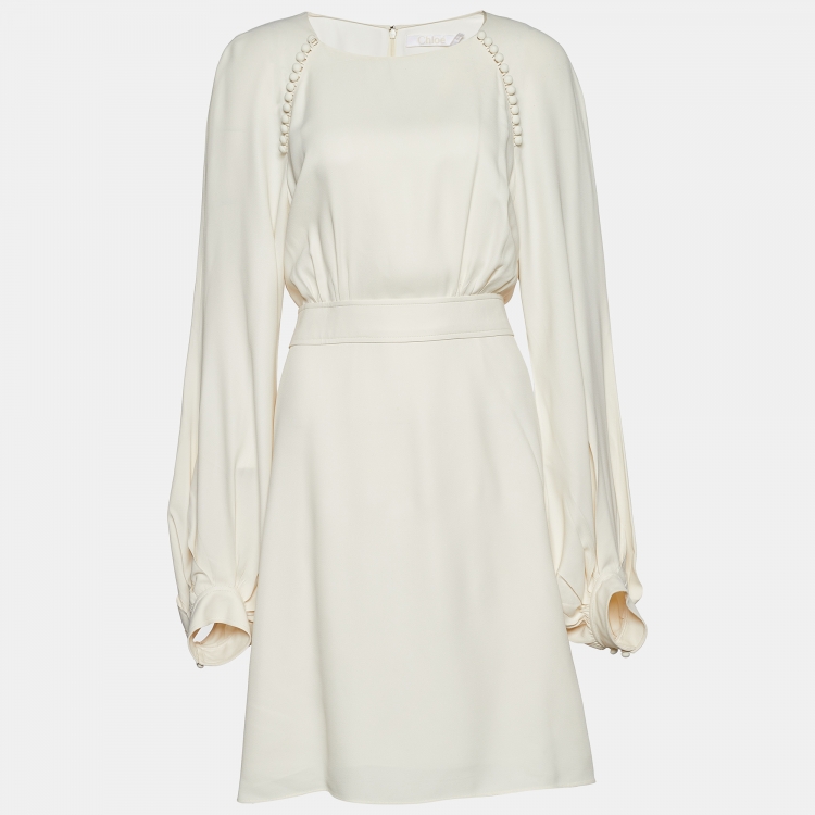 Pre Owned Chloe Pristine White Crepe Button Detail Long Sleeve Dress L