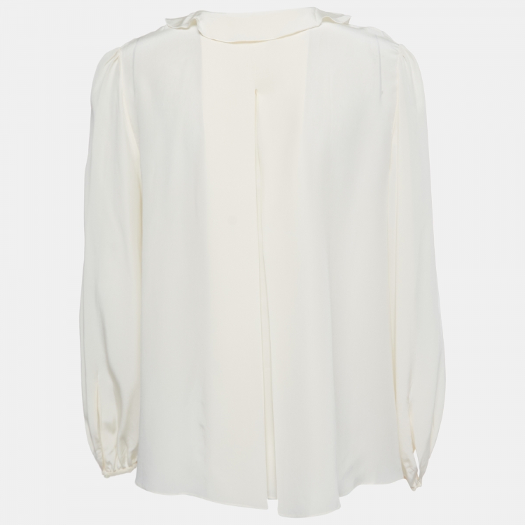 Pre Owned Chloe Cream Silk Ruffle Trim Button Down Blouse M