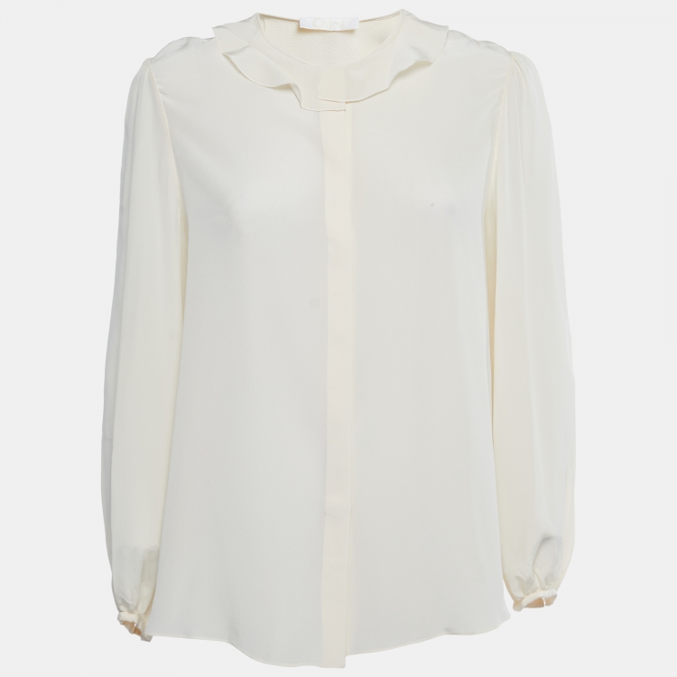 Pre Owned Chloe Cream Silk Ruffle Trim Button Down Blouse M