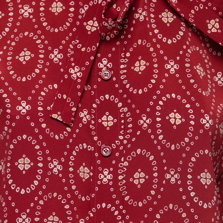 Pre Owned Chloe Copper Red Printed Silk Contrast Cuff Blouse S