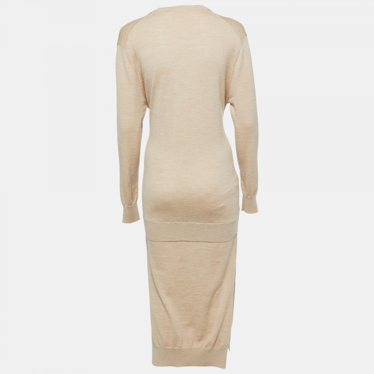 Pre Owned Chloe Tan Brown Wool Wrap Sweater Midi Dress S