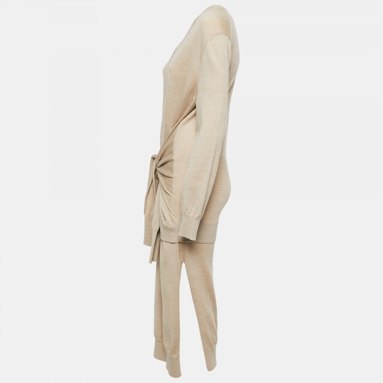 Pre Owned Chloe Tan Brown Wool Wrap Sweater Midi Dress S