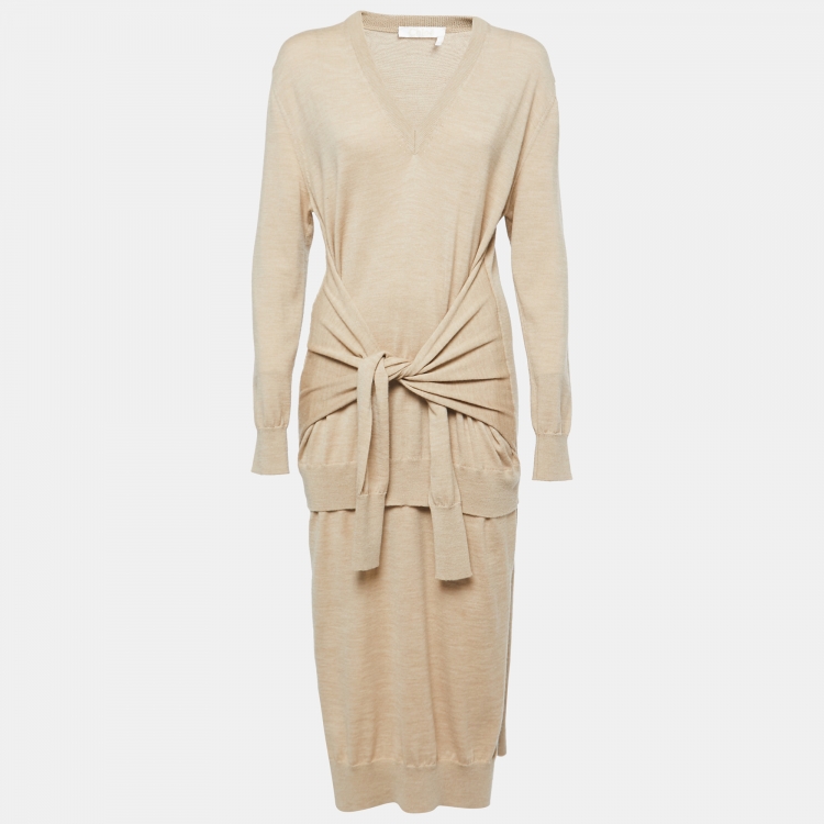 Pre Owned Chloe Tan Brown Wool Wrap Sweater Midi Dress S
