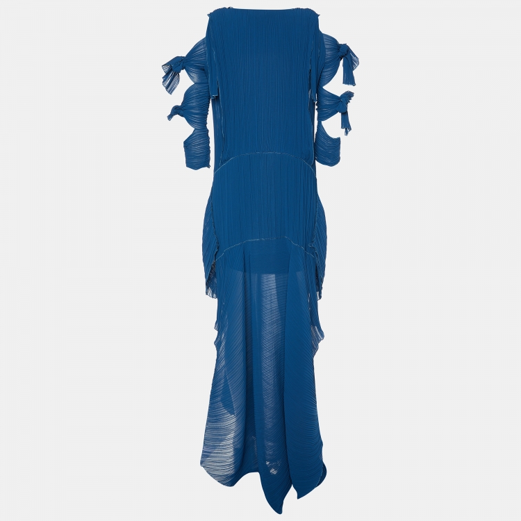 Pre Owned Chloé Tuareg Blue Plisse Asymmetric Long Dress S