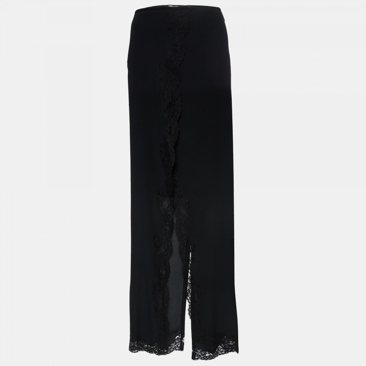 Pre Owned Chloe Black Silk Lace Trimmed Slit Midi Skirt L