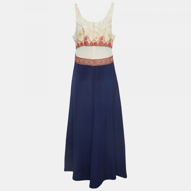 Pre Owned Chloe Blue and Beige Crepe Sleeveless Midi Dress M