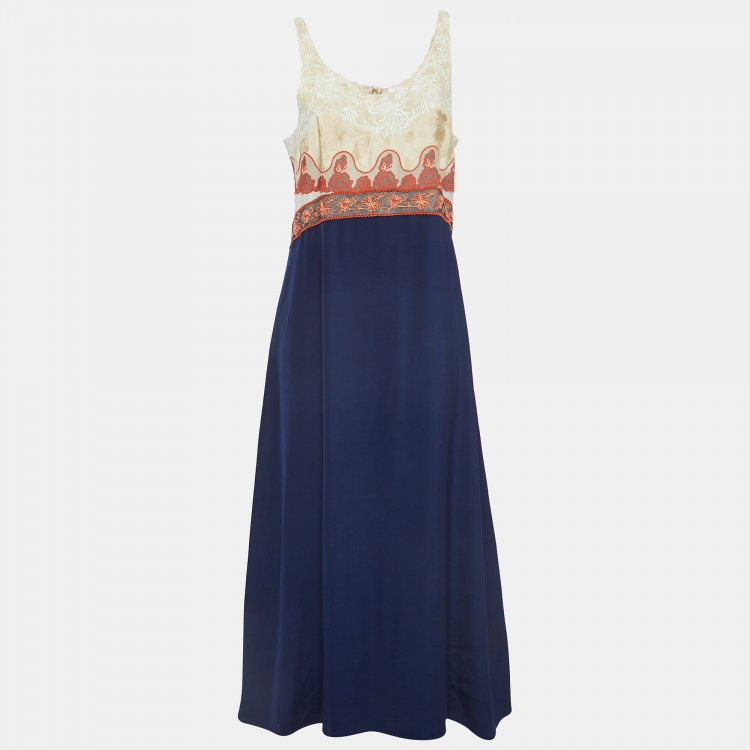Pre Owned Chloe Blue and Beige Crepe Sleeveless Midi Dress M