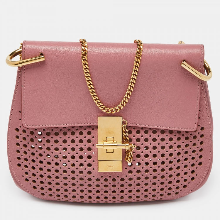 Pre Owned Chloe Pink Perforated Leather Medium Drew Shoulder Bag