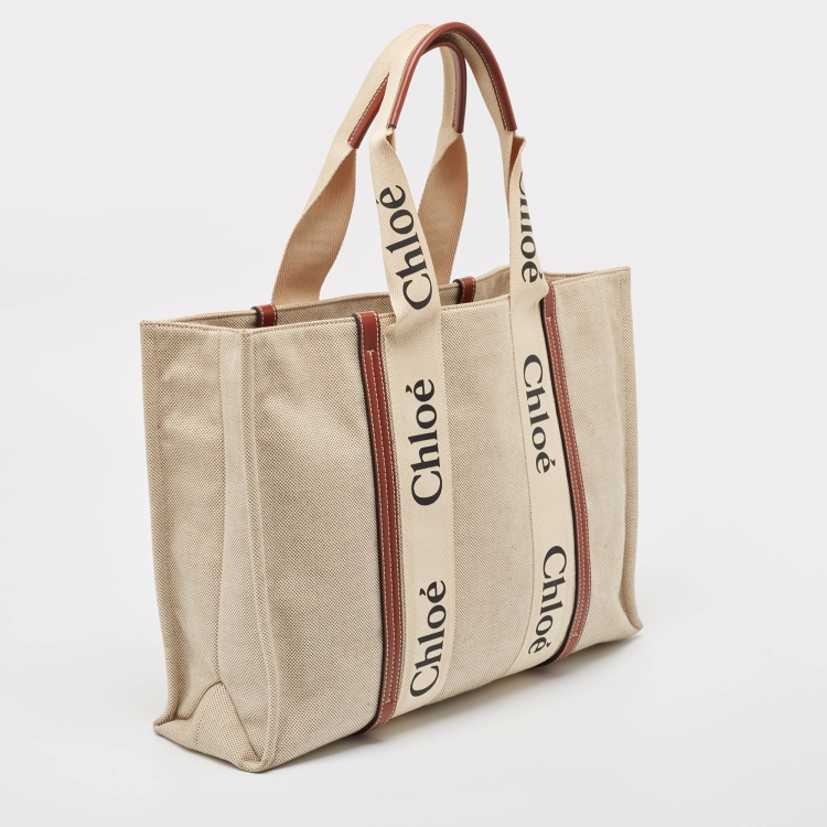 Pre Owned Chloe Beige/Brown Canvas and Leather Large Woody Tote