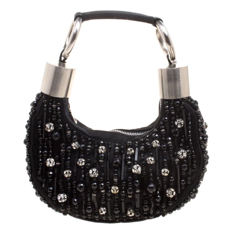 Pre Owned Chloe Black Satin Beads Embellished Hobo