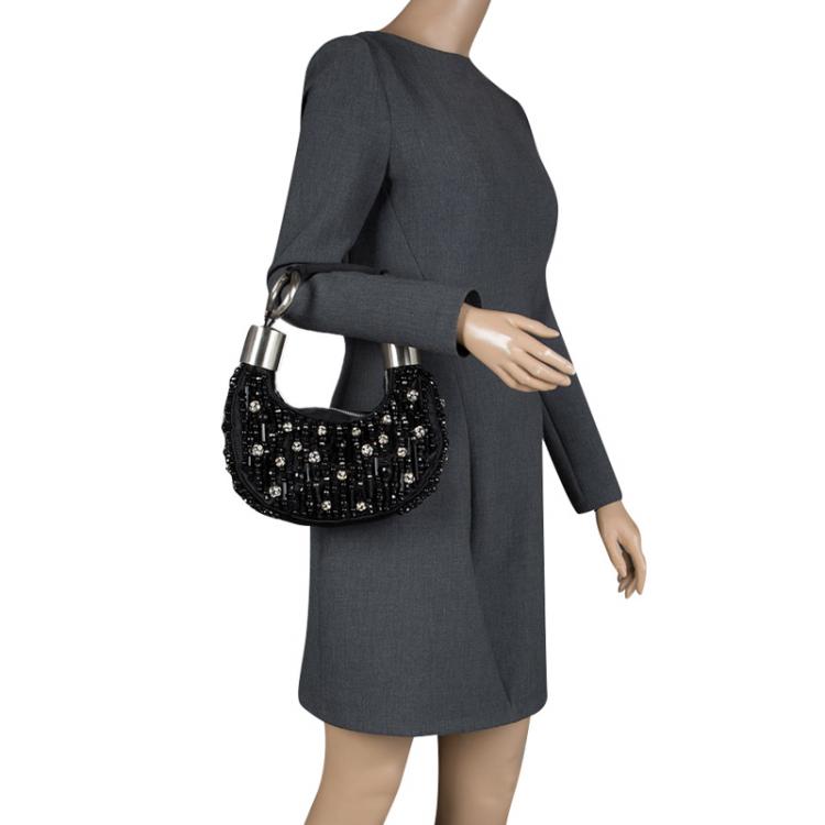 Pre Owned Chloe Black Satin Beads Embellished Hobo