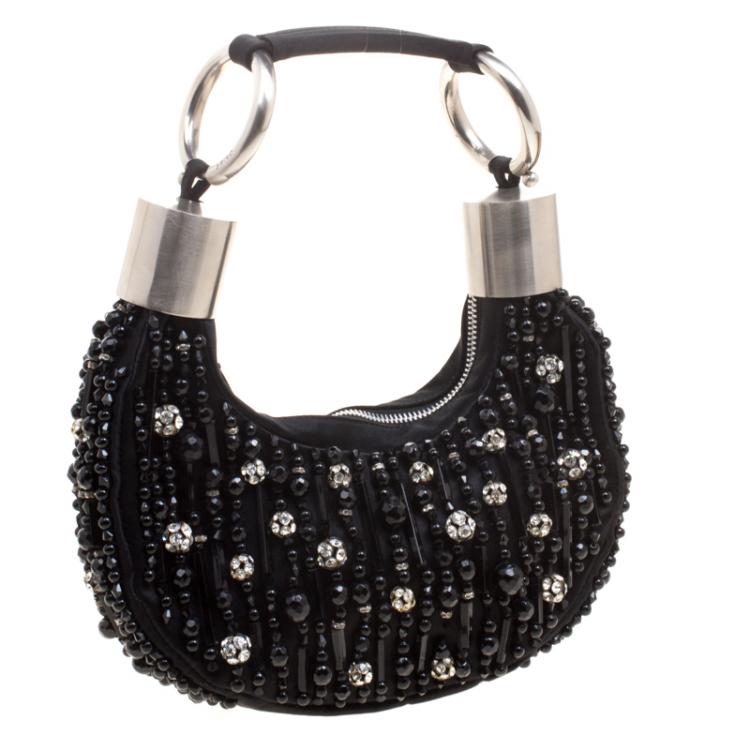Pre Owned Chloe Black Satin Beads Embellished Hobo