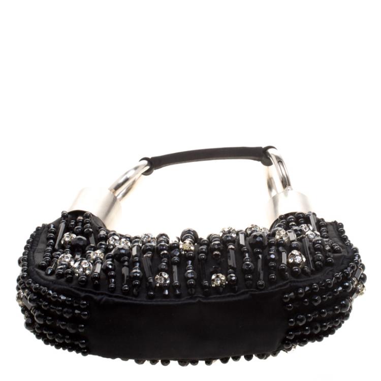 Pre Owned Chloe Black Satin Beads Embellished Hobo
