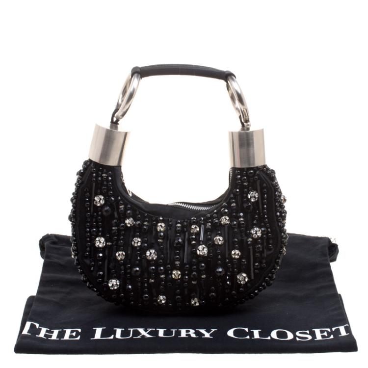 Pre Owned Chloe Black Satin Beads Embellished Hobo