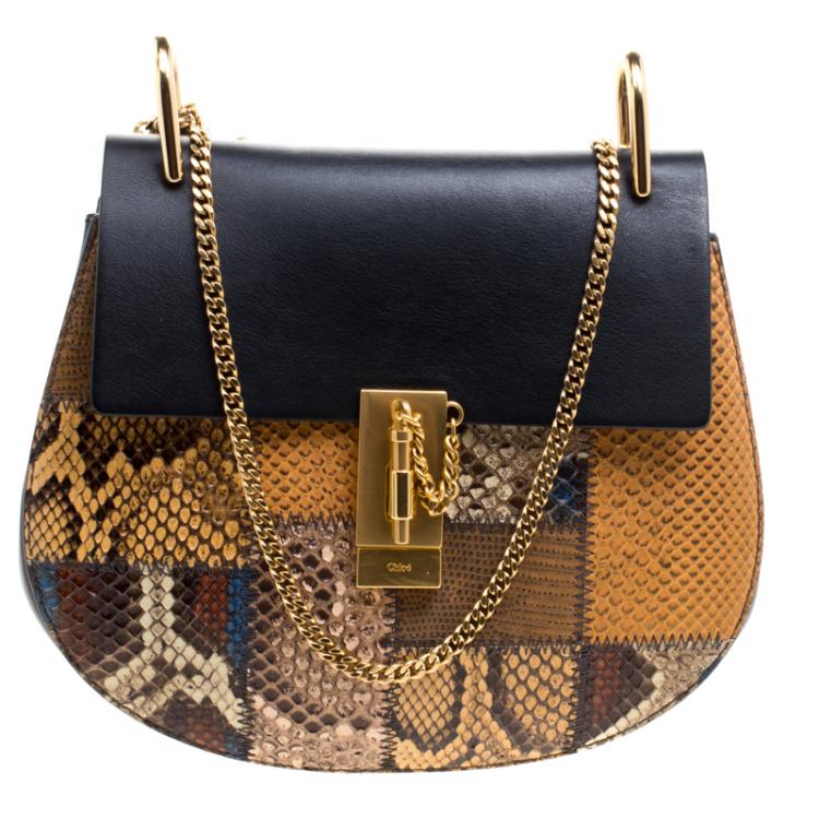 Pre Owned Chloe Black/Multicolor Leather/Python and Lizard Medium Drew Shoulder Bag