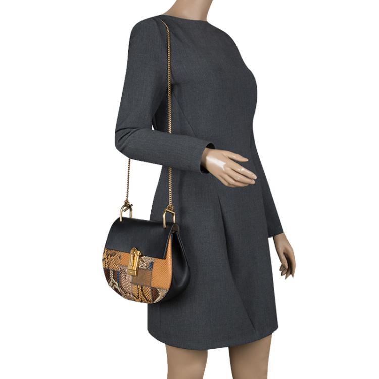 Pre Owned Chloe Black/Multicolor Leather/Python and Lizard Medium Drew Shoulder Bag