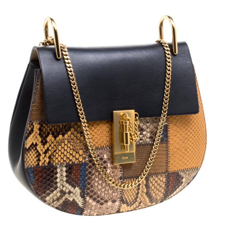 Pre Owned Chloe Black/Multicolor Leather/Python and Lizard Medium Drew Shoulder Bag