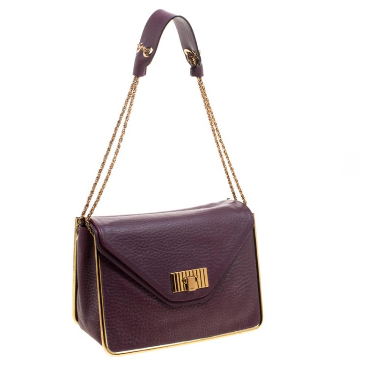 Pre Owned Chloe Purple Pebbled Leather Medium Sally Flap Shoulder Bag