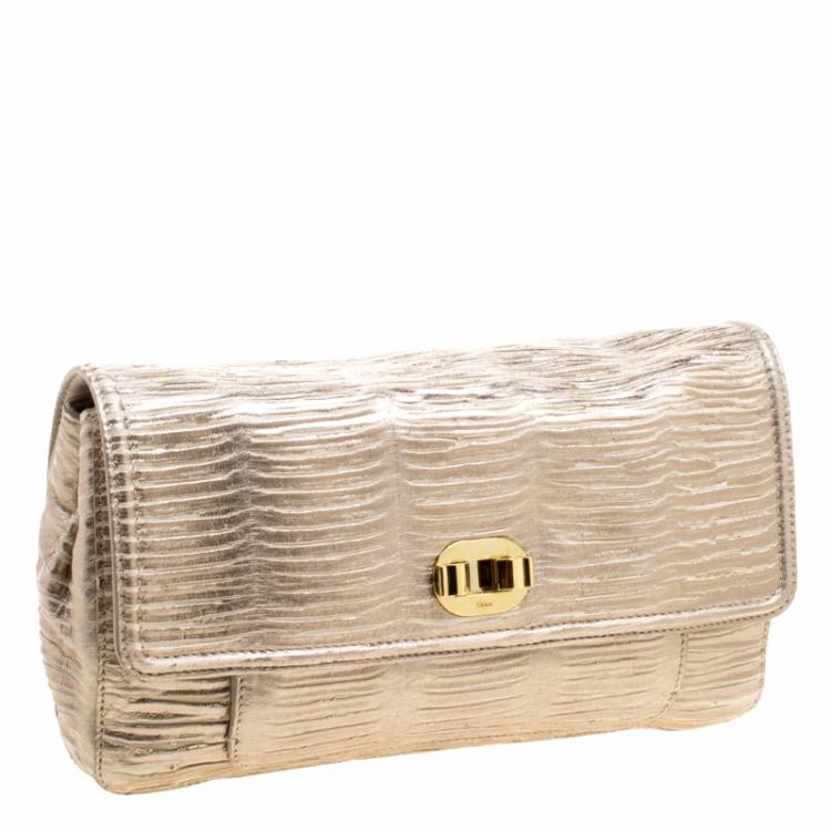 Pre Owned Chloe Metallic Beige Pleated Leather Clutch