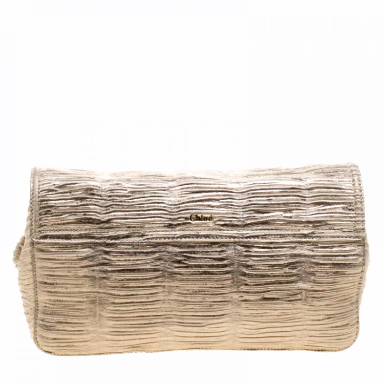 Pre Owned Chloe Metallic Beige Pleated Leather Clutch