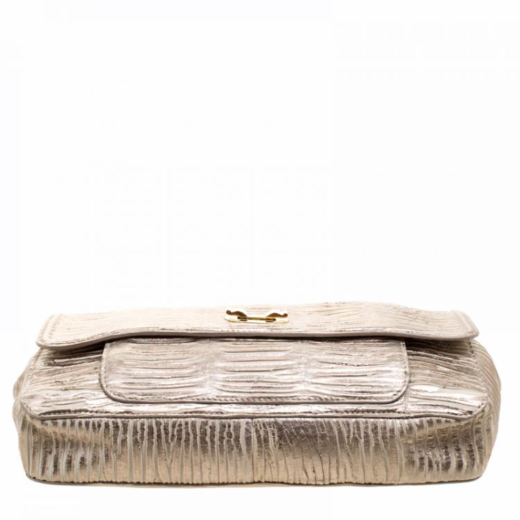 Pre Owned Chloe Metallic Beige Pleated Leather Clutch
