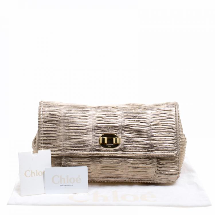 Pre Owned Chloe Metallic Beige Pleated Leather Clutch