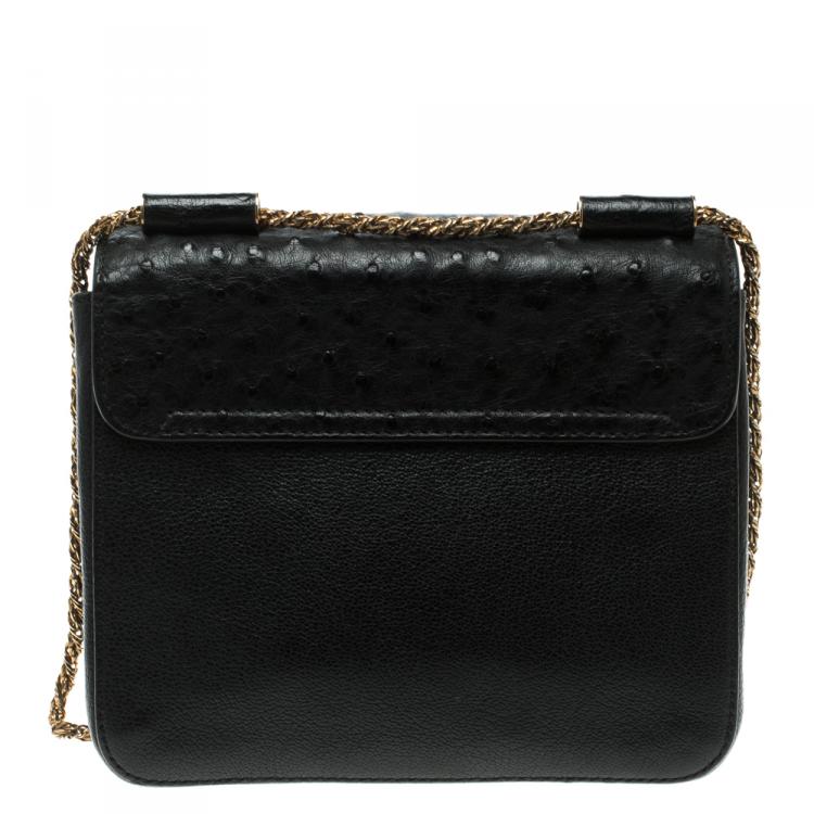 Pre Owned Chloe Black Leather and Ostrich Small Elsie Shoulder Bag