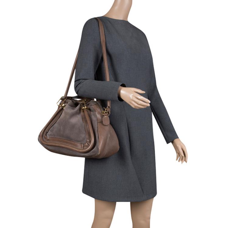 Pre Owned Chloe Dark Beige Leather and Suede Medium Paraty Shoulder Bag