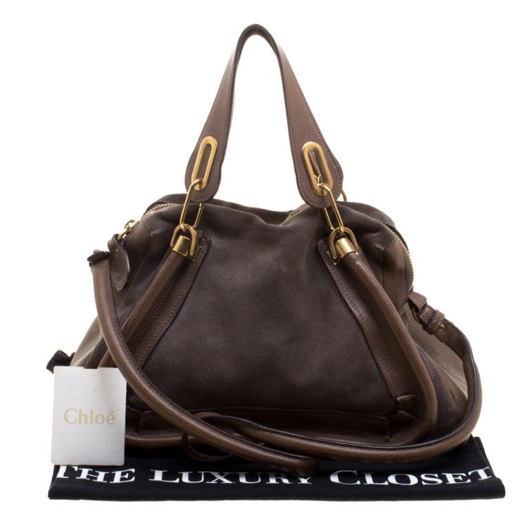 Pre Owned Chloe Dark Beige Leather and Suede Medium Paraty Shoulder Bag